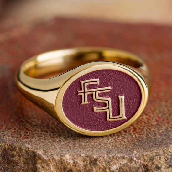 Horizontal Oval signet ring in 14K Yellow Gold, Small with a Thin style band and a Florida State FSU Monogram Rev engraving.