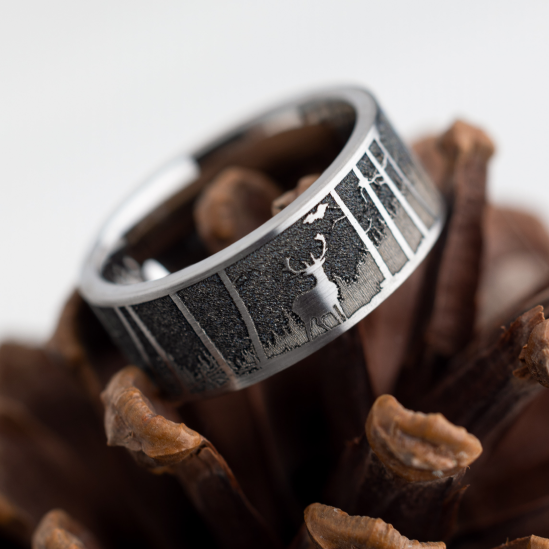 8 mm wide/Flat/Palladium Silver band with a laser carved Elk Mountain pattern.